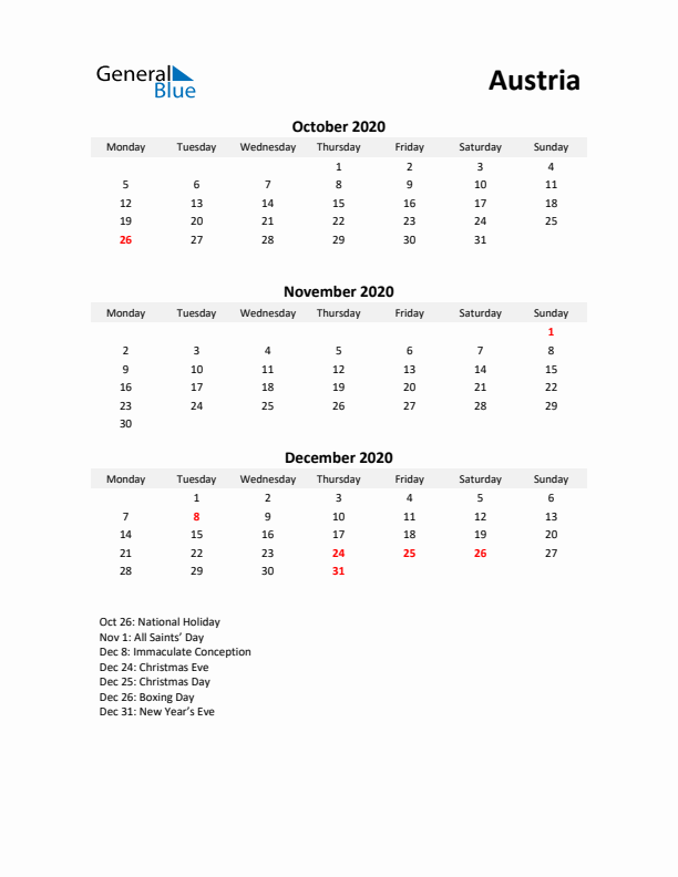 Printable Quarterly Calendar with Notes and Austria Holidays- Q4 of 2020