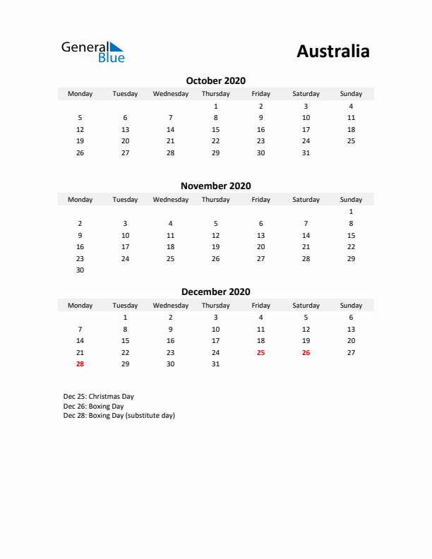 Printable Quarterly Calendar with Notes and Australia Holidays- Q4 of 2020