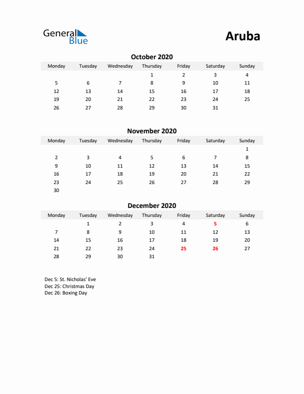 Printable Quarterly Calendar with Notes and Aruba Holidays- Q4 of 2020