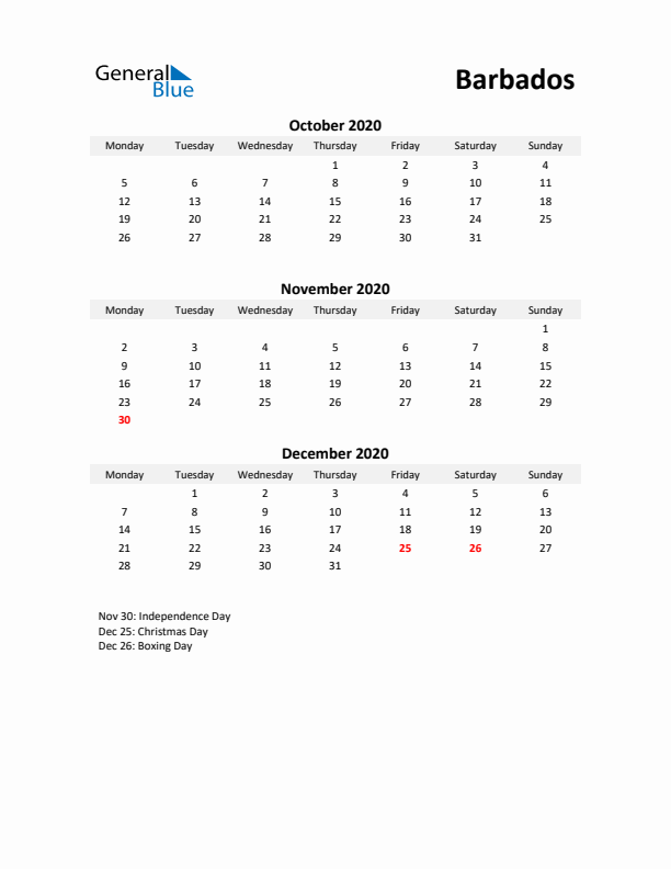 Printable Quarterly Calendar with Notes and Barbados Holidays- Q4 of 2020