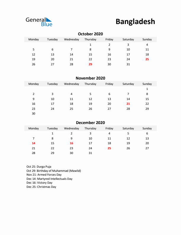 Printable Quarterly Calendar with Notes and Bangladesh Holidays- Q4 of 2020