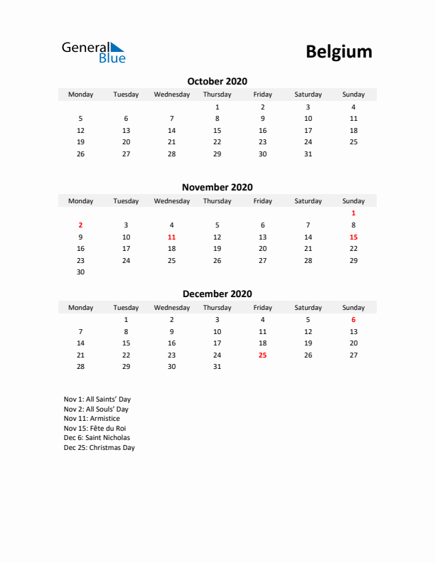 Printable Quarterly Calendar with Notes and Belgium Holidays- Q4 of 2020