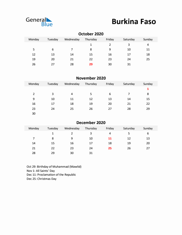 Printable Quarterly Calendar with Notes and Burkina Faso Holidays- Q4 of 2020