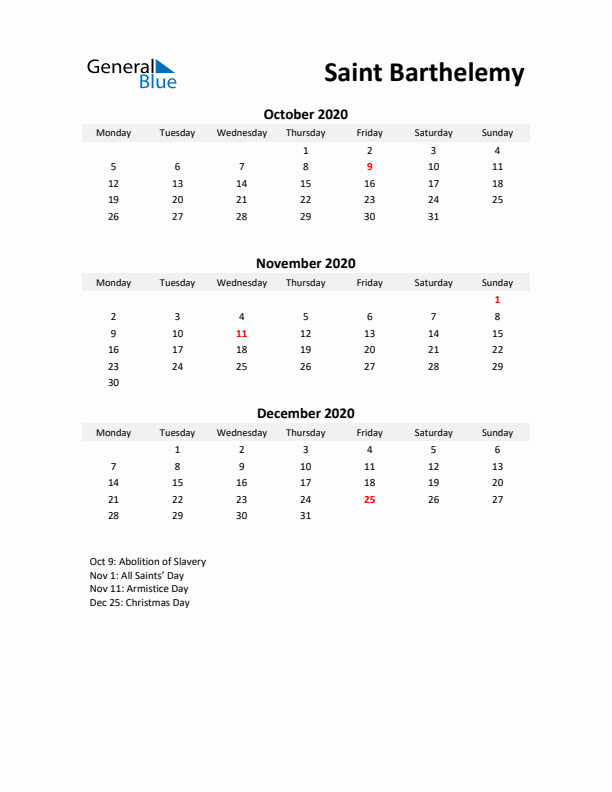 Printable Quarterly Calendar with Notes and Saint Barthelemy Holidays- Q4 of 2020