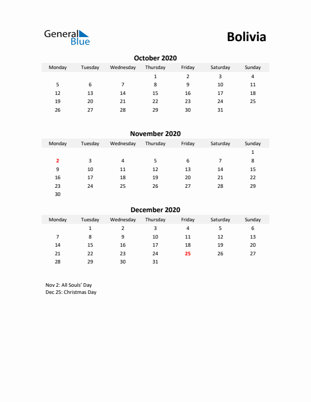 Printable Quarterly Calendar with Notes and Bolivia Holidays- Q4 of 2020