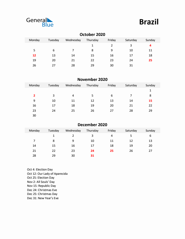 Printable Quarterly Calendar with Notes and Brazil Holidays- Q4 of 2020