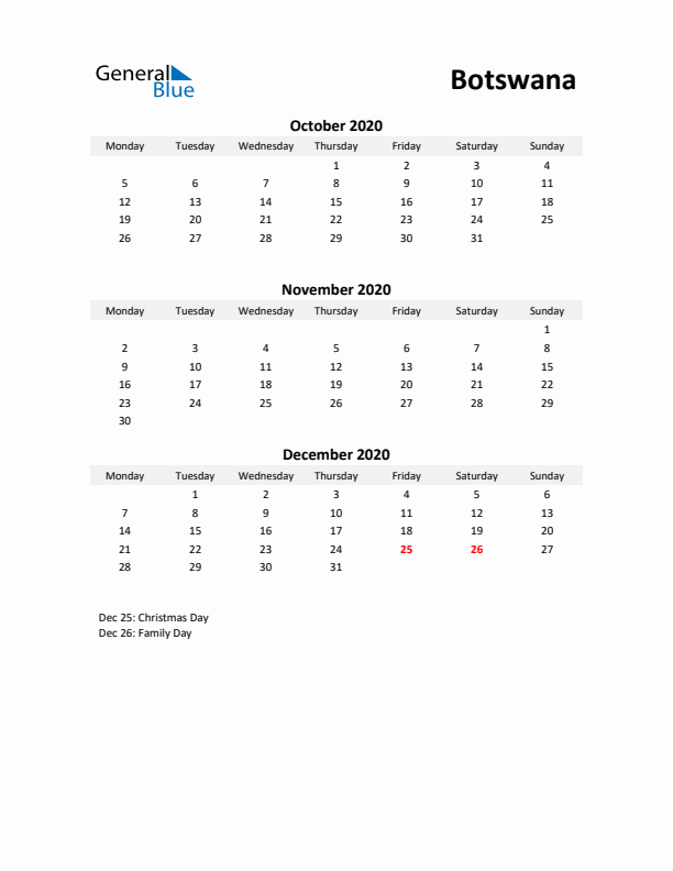 Printable Quarterly Calendar with Notes and Botswana Holidays- Q4 of 2020