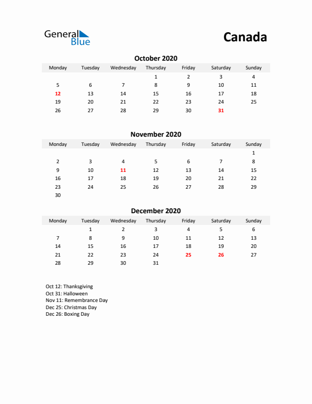 Printable Quarterly Calendar with Notes and Canada Holidays- Q4 of 2020