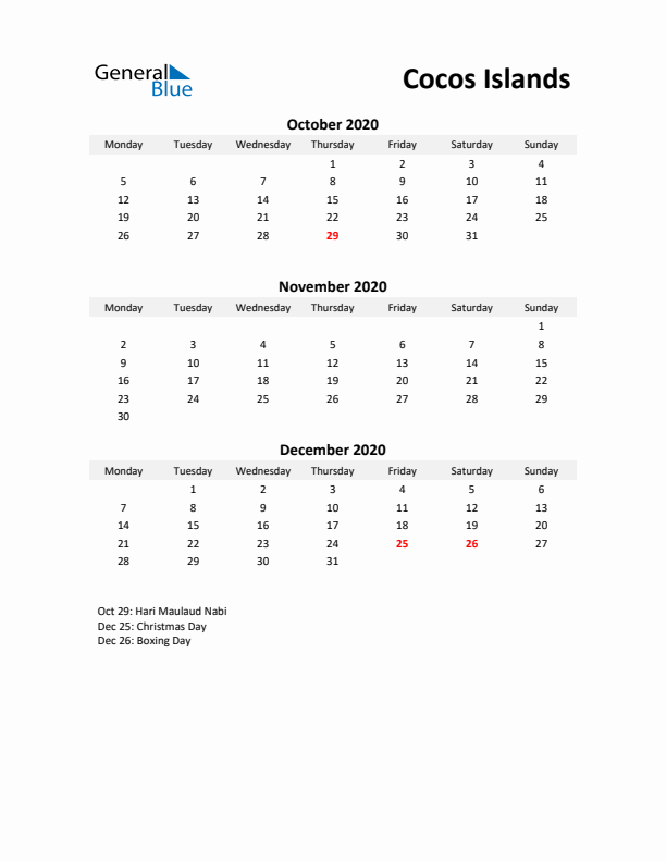 Printable Quarterly Calendar with Notes and Cocos Islands Holidays- Q4 of 2020