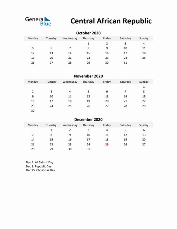 Printable Quarterly Calendar with Notes and Central African Republic Holidays- Q4 of 2020