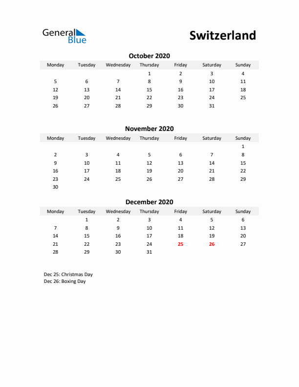 Printable Quarterly Calendar with Notes and Switzerland Holidays- Q4 of 2020