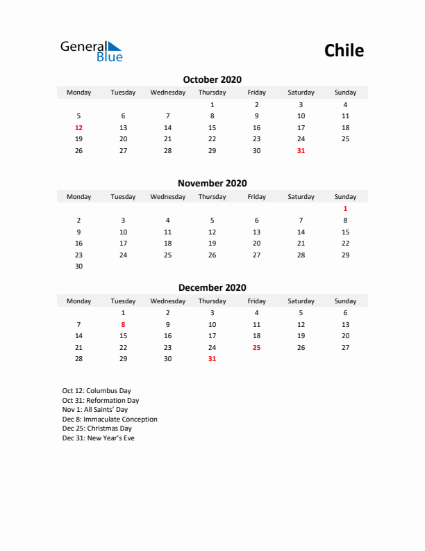 Printable Quarterly Calendar with Notes and Chile Holidays- Q4 of 2020