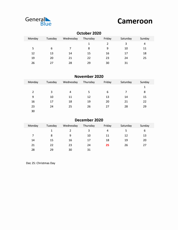 Printable Quarterly Calendar with Notes and Cameroon Holidays- Q4 of 2020