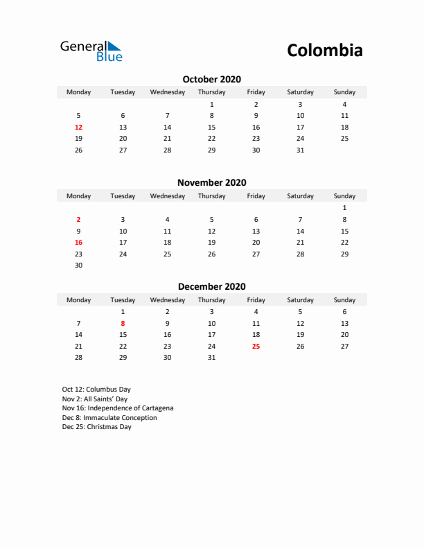 Printable Quarterly Calendar with Notes and Colombia Holidays- Q4 of 2020