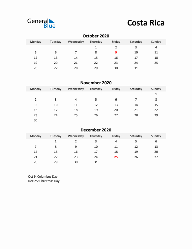 Printable Quarterly Calendar with Notes and Costa Rica Holidays- Q4 of 2020