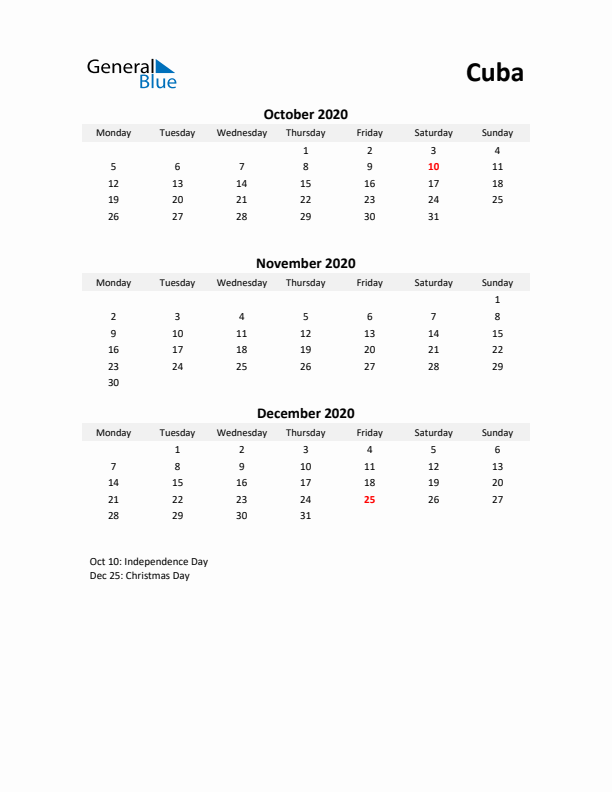 Printable Quarterly Calendar with Notes and Cuba Holidays- Q4 of 2020