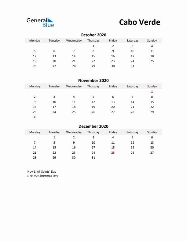 Printable Quarterly Calendar with Notes and Cabo Verde Holidays- Q4 of 2020