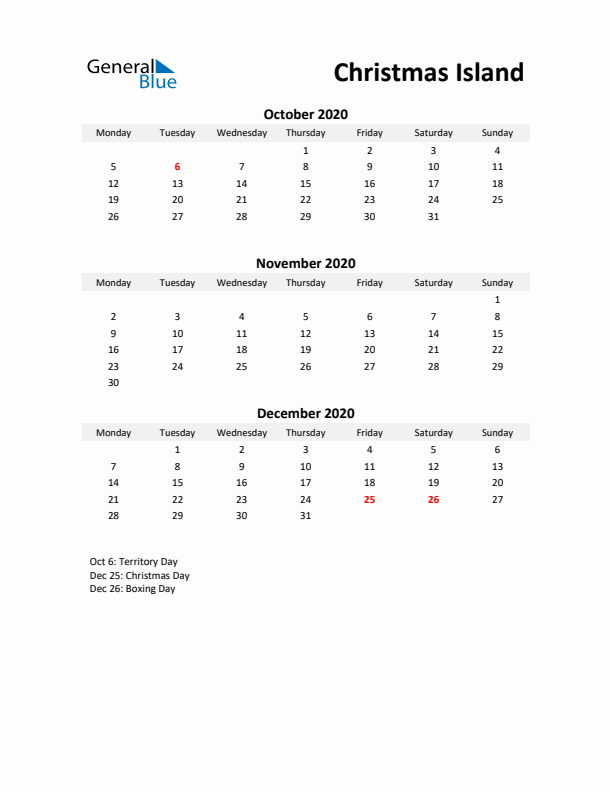 Printable Quarterly Calendar with Notes and Christmas Island Holidays- Q4 of 2020