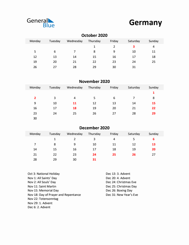 Printable Quarterly Calendar with Notes and Germany Holidays- Q4 of 2020