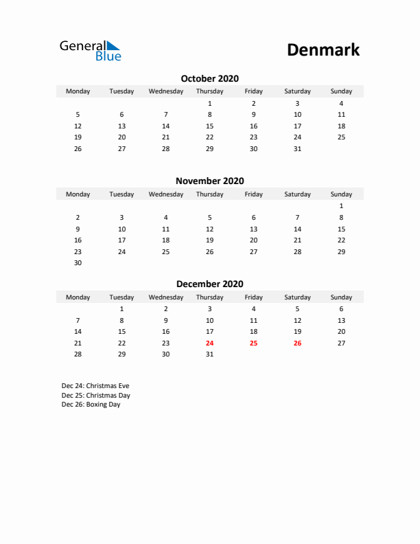 Printable Quarterly Calendar with Notes and Denmark Holidays- Q4 of 2020