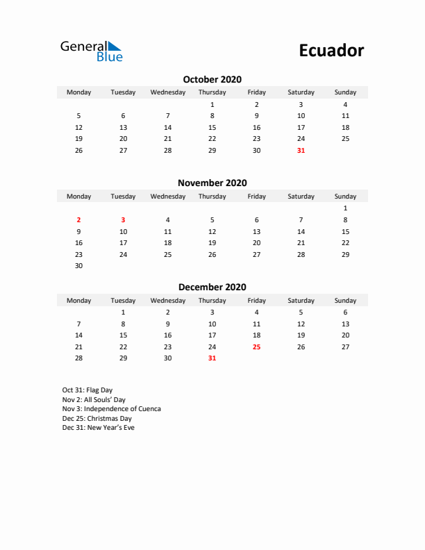 Printable Quarterly Calendar with Notes and Ecuador Holidays- Q4 of 2020