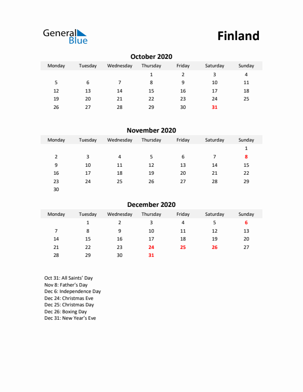 Printable Quarterly Calendar with Notes and Finland Holidays- Q4 of 2020