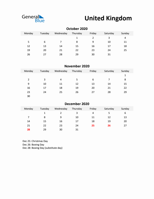 Printable Quarterly Calendar with Notes and United Kingdom Holidays- Q4 of 2020