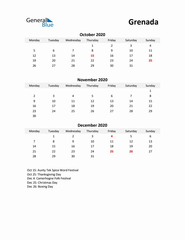 Printable Quarterly Calendar with Notes and Grenada Holidays- Q4 of 2020