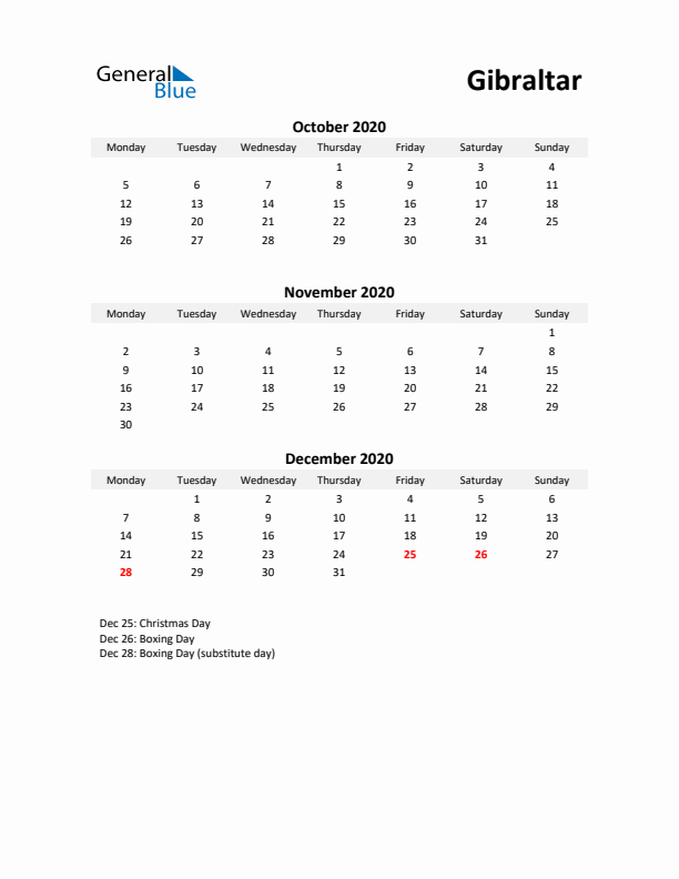 Printable Quarterly Calendar with Notes and Gibraltar Holidays- Q4 of 2020