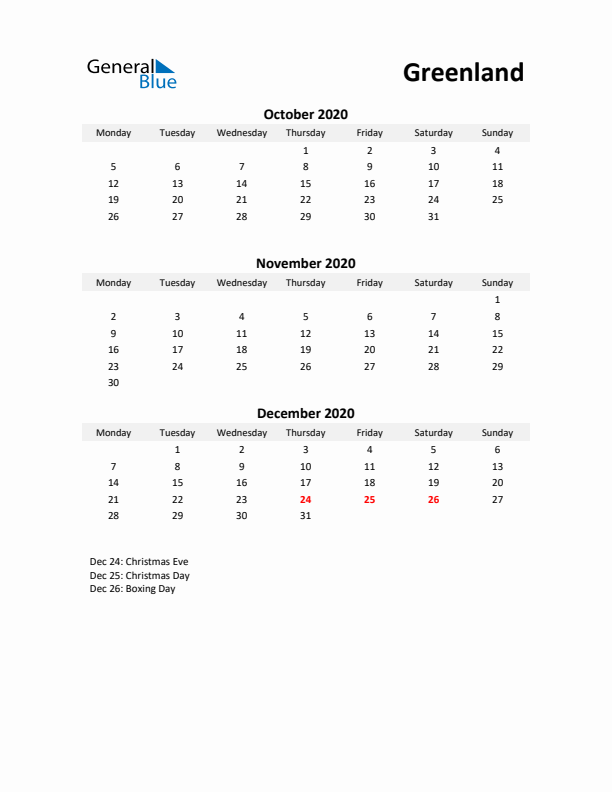 Printable Quarterly Calendar with Notes and Greenland Holidays- Q4 of 2020