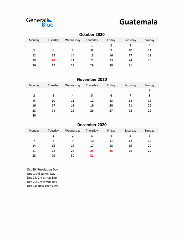 Printable Quarterly Calendar with Notes and Guatemala Holidays- Q4 of 2020