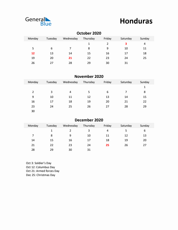 Printable Quarterly Calendar with Notes and Honduras Holidays- Q4 of 2020