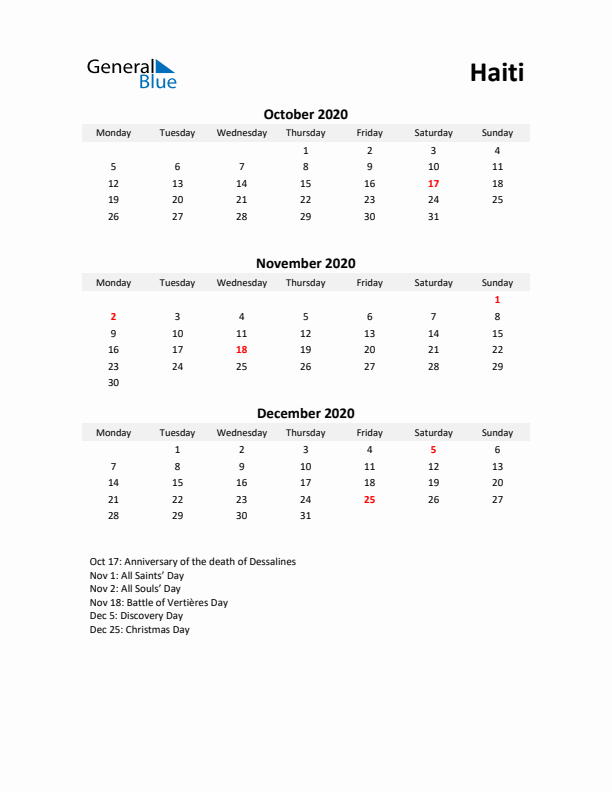 Printable Quarterly Calendar with Notes and Haiti Holidays- Q4 of 2020