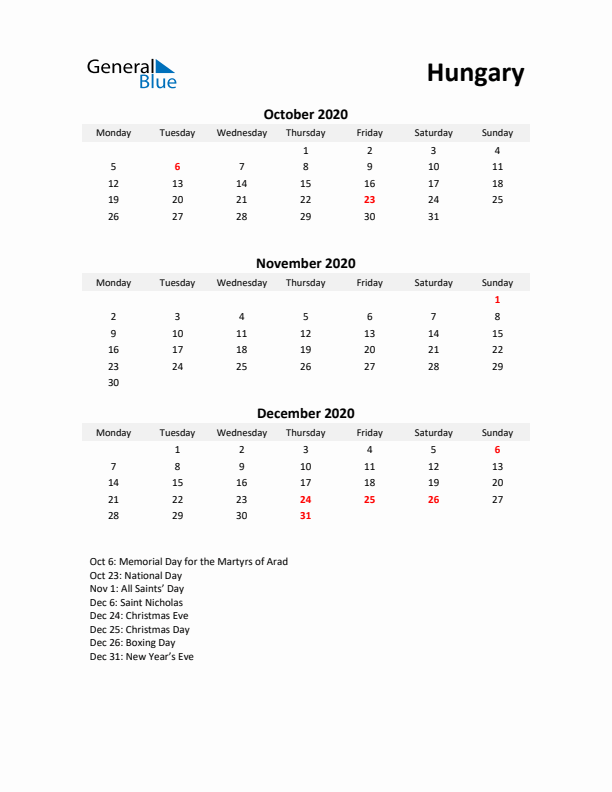 Printable Quarterly Calendar with Notes and Hungary Holidays- Q4 of 2020