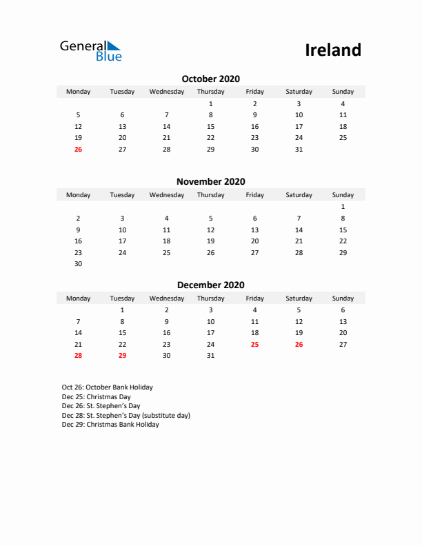 Printable Quarterly Calendar with Notes and Ireland Holidays- Q4 of 2020