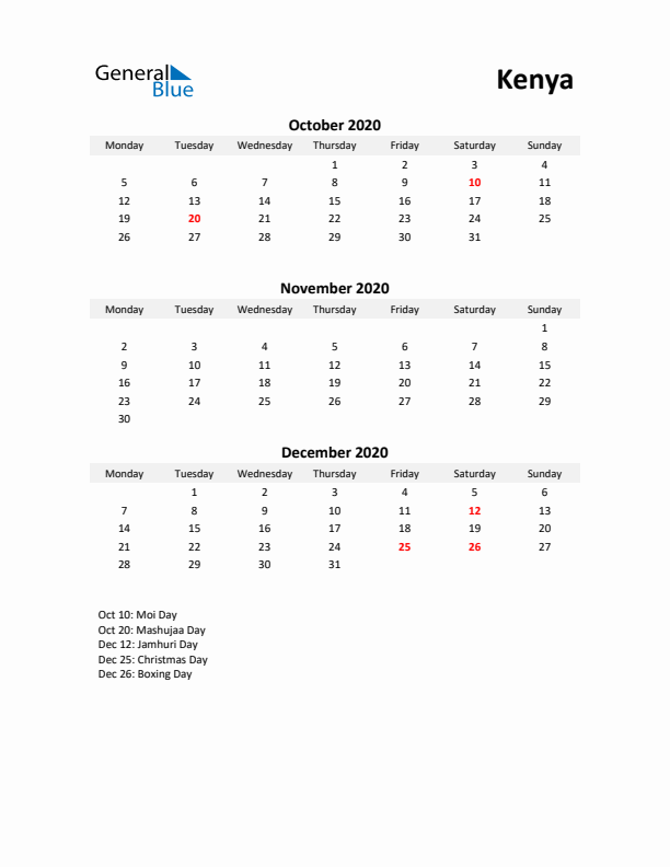 Printable Quarterly Calendar with Notes and Kenya Holidays- Q4 of 2020