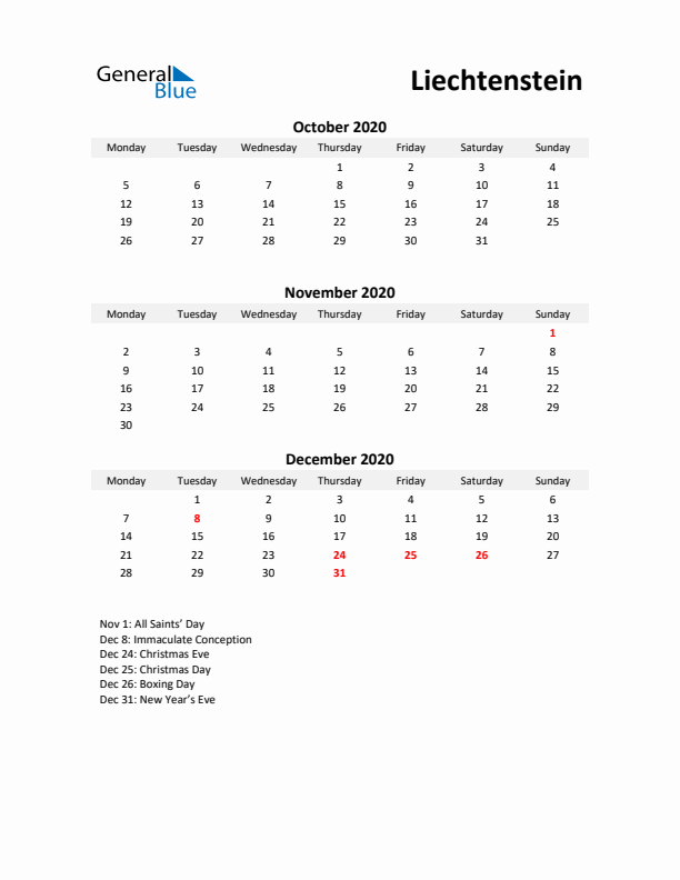 Printable Quarterly Calendar with Notes and Liechtenstein Holidays- Q4 of 2020