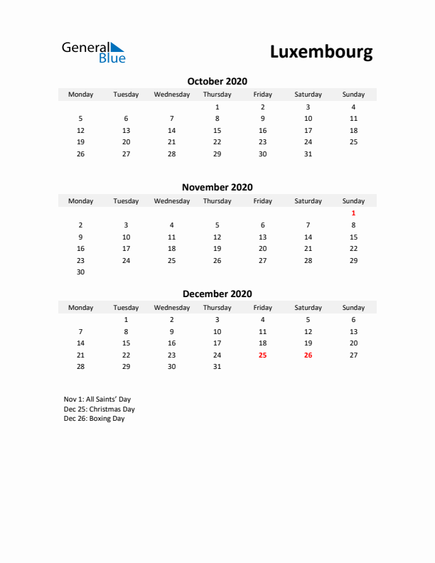 Printable Quarterly Calendar with Notes and Luxembourg Holidays- Q4 of 2020