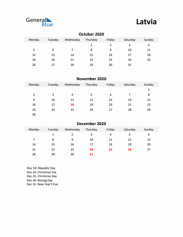 Printable Quarterly Calendar with Notes and Latvia Holidays- Q4 of 2020