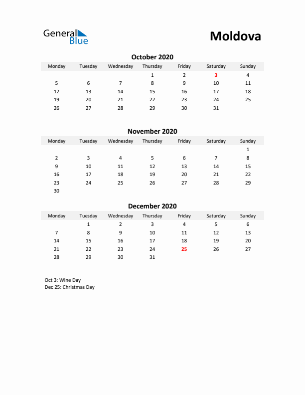 Printable Quarterly Calendar with Notes and Moldova Holidays- Q4 of 2020