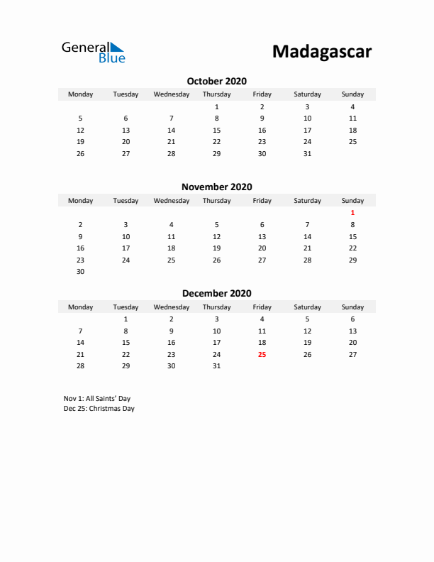 Printable Quarterly Calendar with Notes and Madagascar Holidays- Q4 of 2020