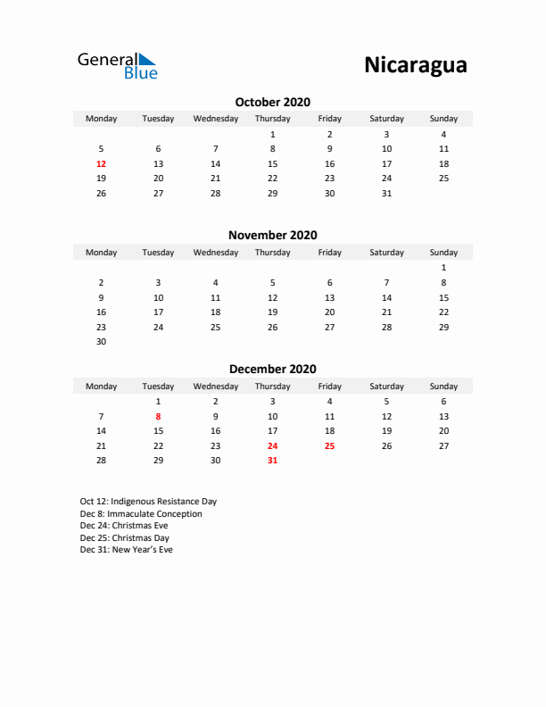 Printable Quarterly Calendar with Notes and Nicaragua Holidays- Q4 of 2020