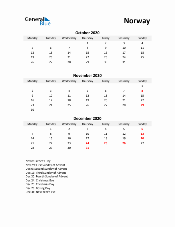 Printable Quarterly Calendar with Notes and Norway Holidays- Q4 of 2020