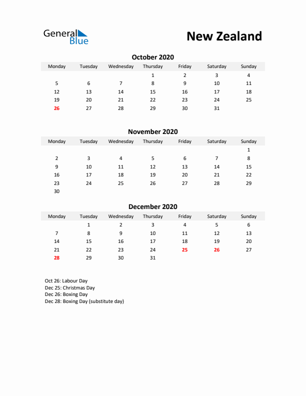 Printable Quarterly Calendar with Notes and New Zealand Holidays- Q4 of 2020