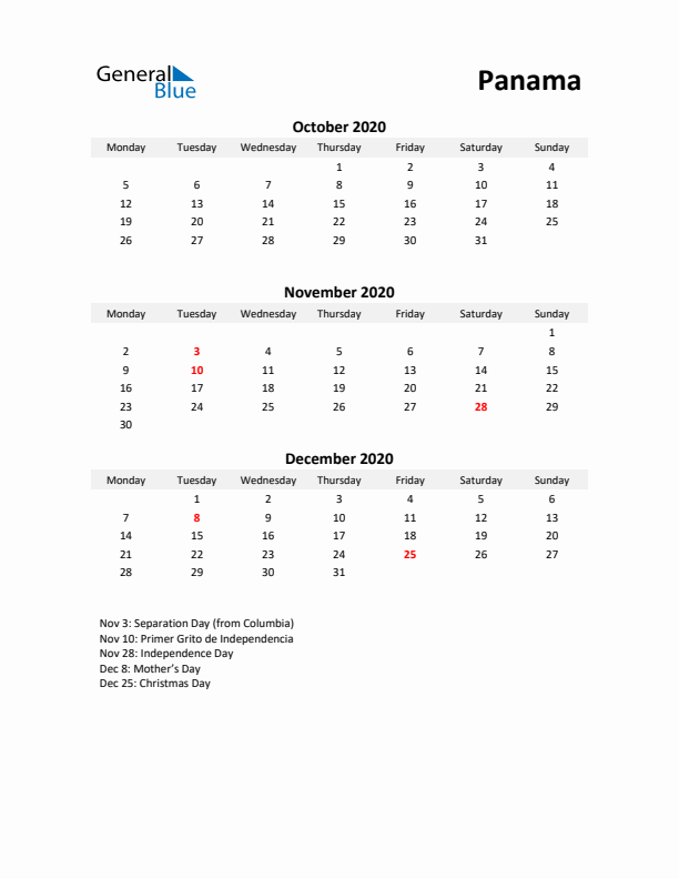 Printable Quarterly Calendar with Notes and Panama Holidays- Q4 of 2020