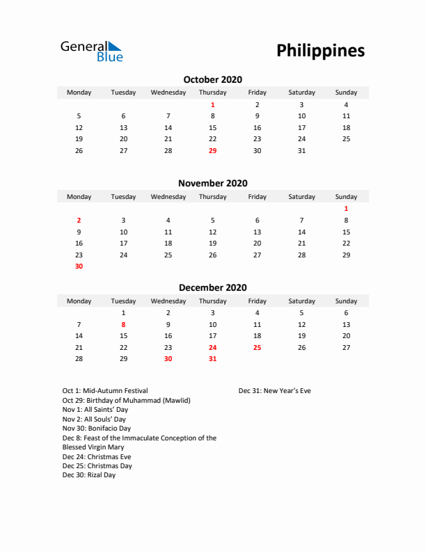 Printable Quarterly Calendar with Notes and Philippines Holidays- Q4 of 2020