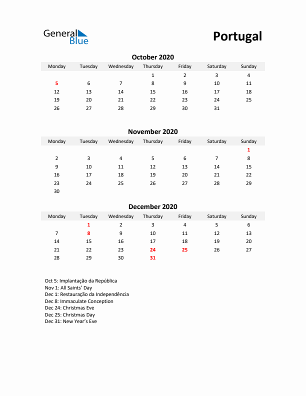 Printable Quarterly Calendar with Notes and Portugal Holidays- Q4 of 2020