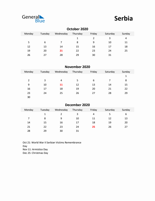 Printable Quarterly Calendar with Notes and Serbia Holidays- Q4 of 2020