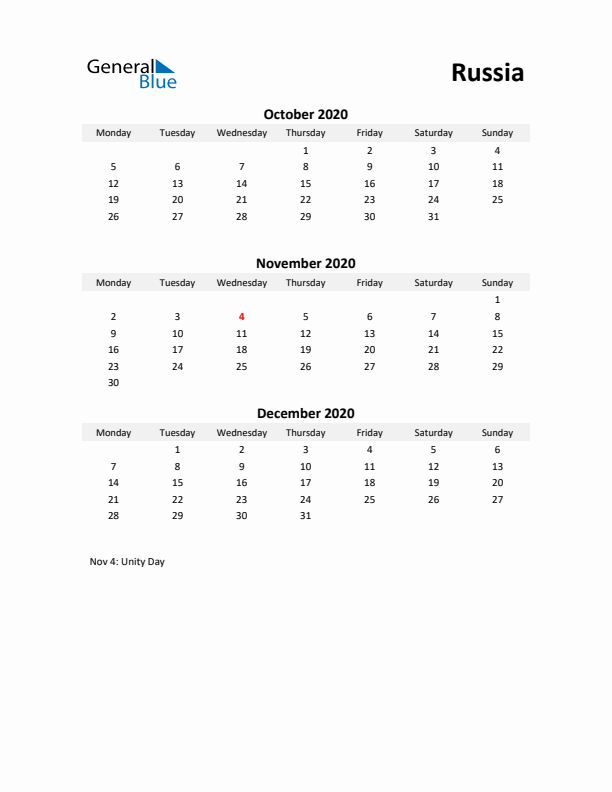 Printable Quarterly Calendar with Notes and Russia Holidays- Q4 of 2020