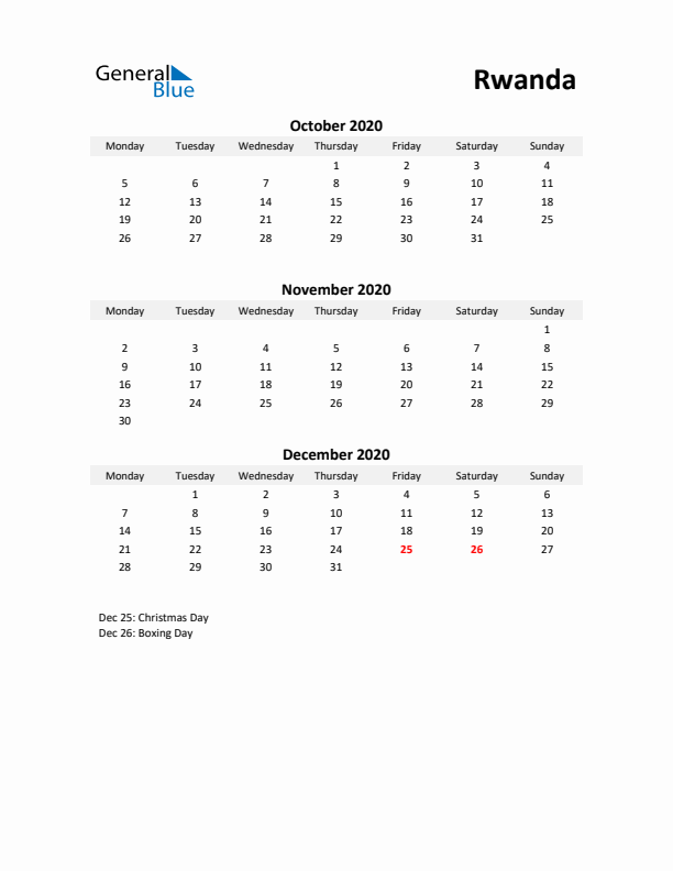 Printable Quarterly Calendar with Notes and Rwanda Holidays- Q4 of 2020